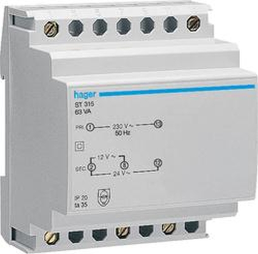 Hager ST315 Sicherheitstrafo 230V / 12V -24V 63VA