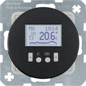 Berker 20452045 Temp.-Regler, Schließer, mit Z.-Stk., zeitgesteuert R.1/R.3 Schwarz, Glänzend