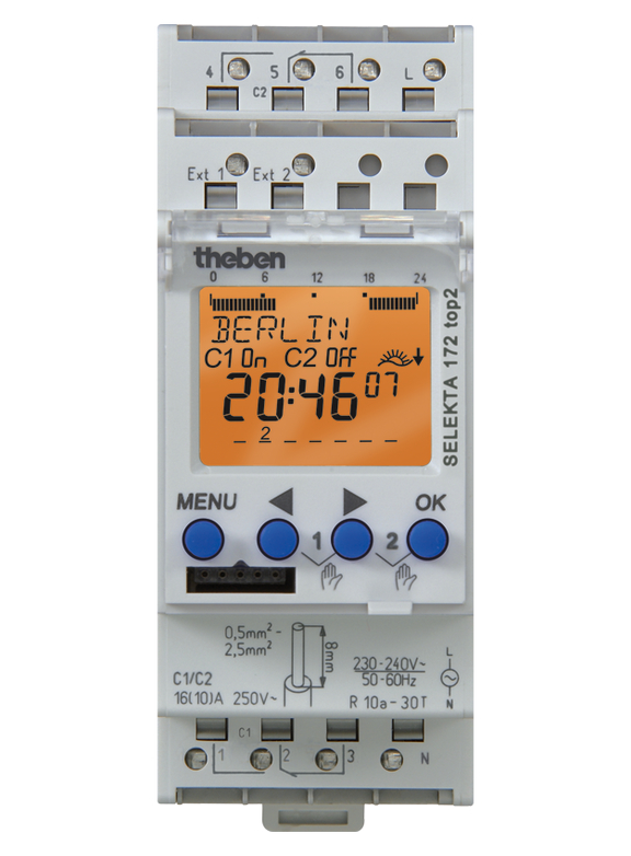 Theben 1720100 SELEKTA 172TOP2 Astro-Zeitschaltuhr mit Wochenprogramm 2-Kanäle