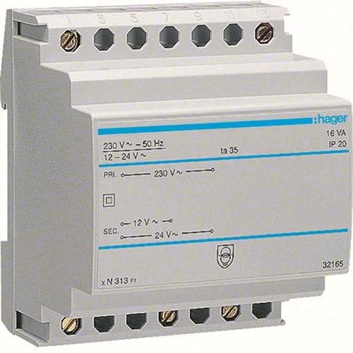 Hager ST313 Sicherheitstrafo 230V / 12V -24V 16VA