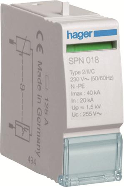 Hager SPN018 Steckmodul 1-Polig 40kA für Überspannungsableiter 255VTyp 2