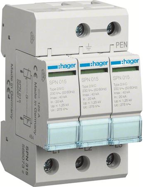 Hager SPN315 Überspannungsableiter 3-Polig 40kA Überspannungsableiter 3-Polig 40kA TNS-System mit Defektanzeige Typ 2