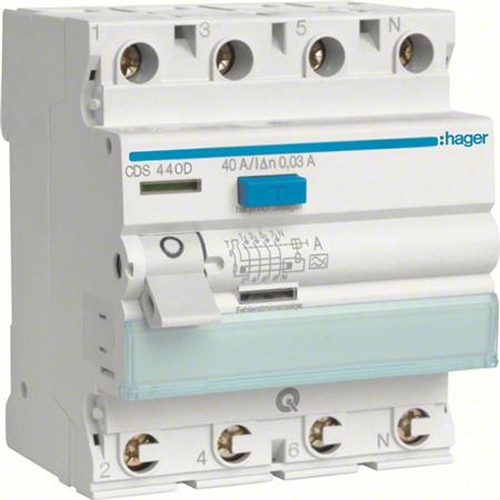 Hager CDS440D FI-Schutzschalter 40A 4-Polig 30mA 6kA Hager CDS440D FI-Schutzschalter 40A 4-Polig 30mA 6kA