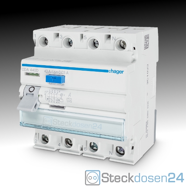 Hager CDA440D FI-Schutzschalter 40A 4-Polig 30mA 6kA Hager CDA440D FI-Schutzschalter 40A 4-Polig 30mA 6kA