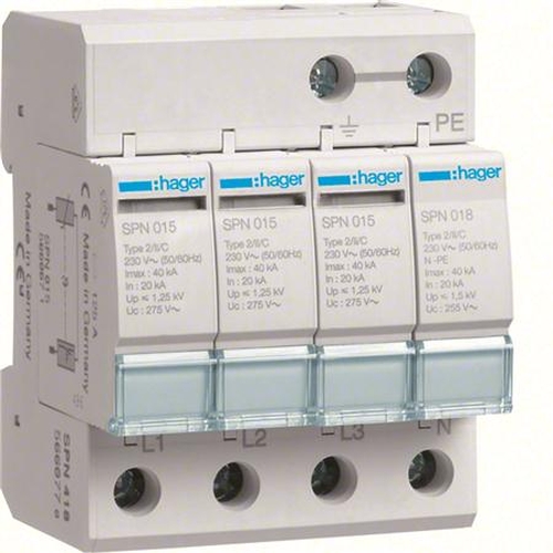 Hager SPN418 Überspannungsableiter 4-Polig 40kA TT-System mit Defektanzeige Typ 2